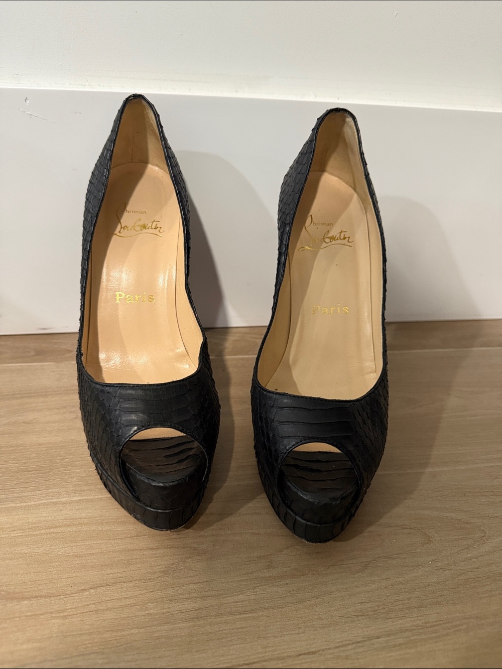 Christian Louboutin Black Textured Peep-Toe Platform Heels